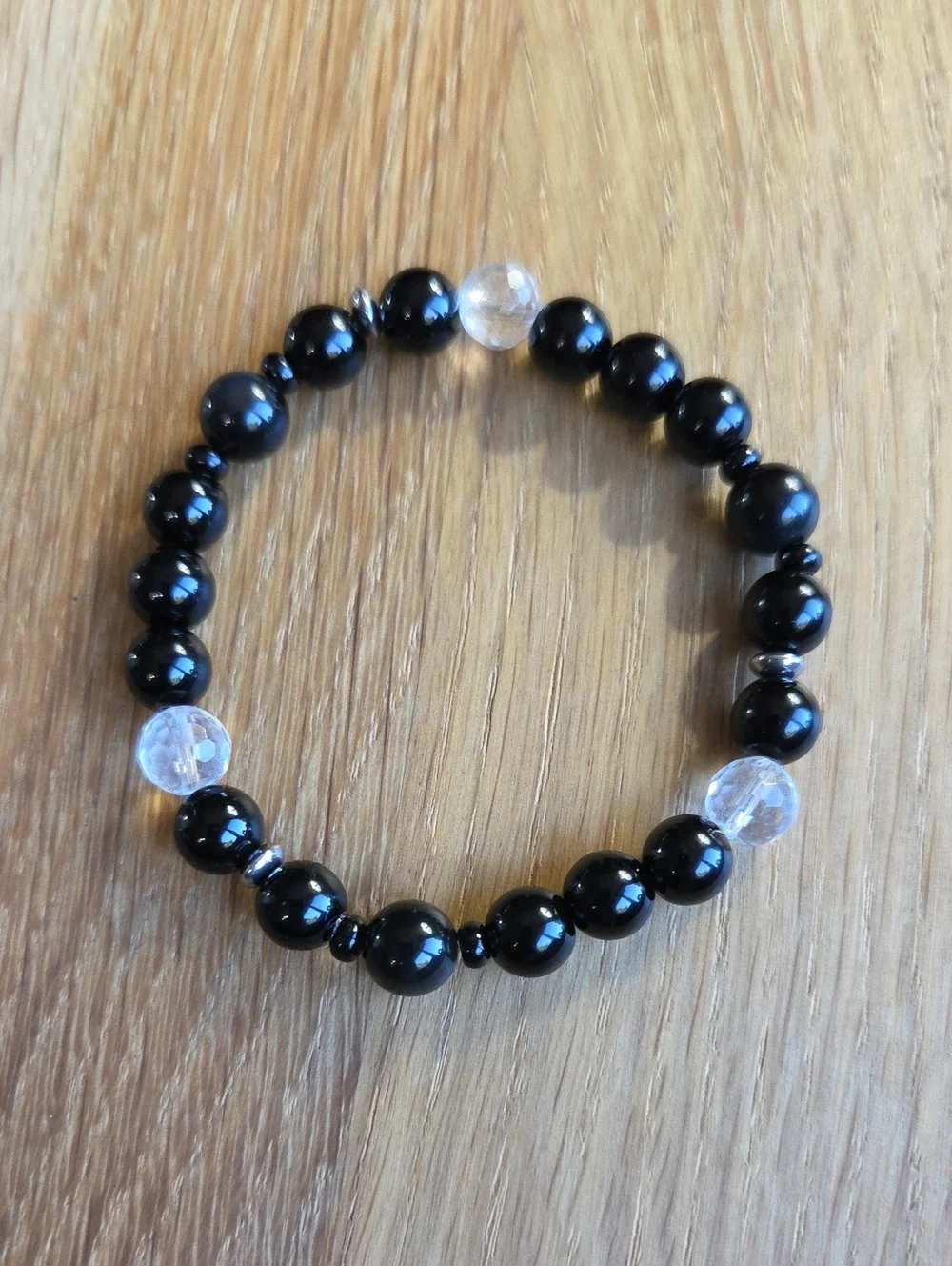 Black Onyx, Rainbow Obsidian & Clear Quartz Beaded Stretch Bracelet | Handmade